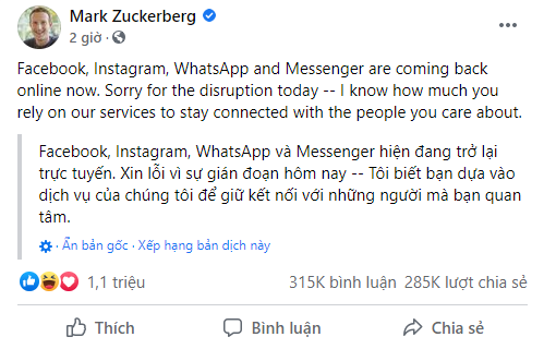CEO Mark Zuckerberg đã đăng tải lời xin lỗi trên Facebook vì sự cố đặc biệt lần này