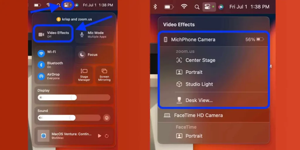 Chọn mục Control Center trên Menu Bar máy Mác > Chọn Video Effects ở góc trái > Các bạn có thể chọn 1 trong 4 chế độ: Center Stage, Portrait, Studio Light, hoặc Desk View