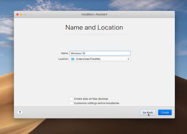 Bước 5: Đặt tên tùy ý tại mục Name. Click vào mục Location để chọn vị trí lưu trữ máy ảo. Tick vào mục Customize settings  before installation và chọn Continue.