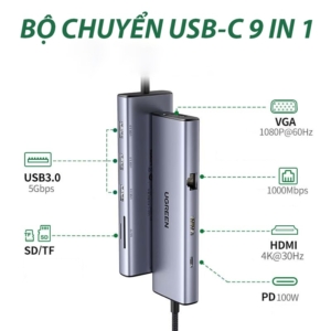 Cáp chuyển Ugreen 9 in 1 USB-C sang USB-C PD + 3*USB 3.0 + RJ45 + HDMI hỗ trợ 4K + VGA + SD/TF (15600)