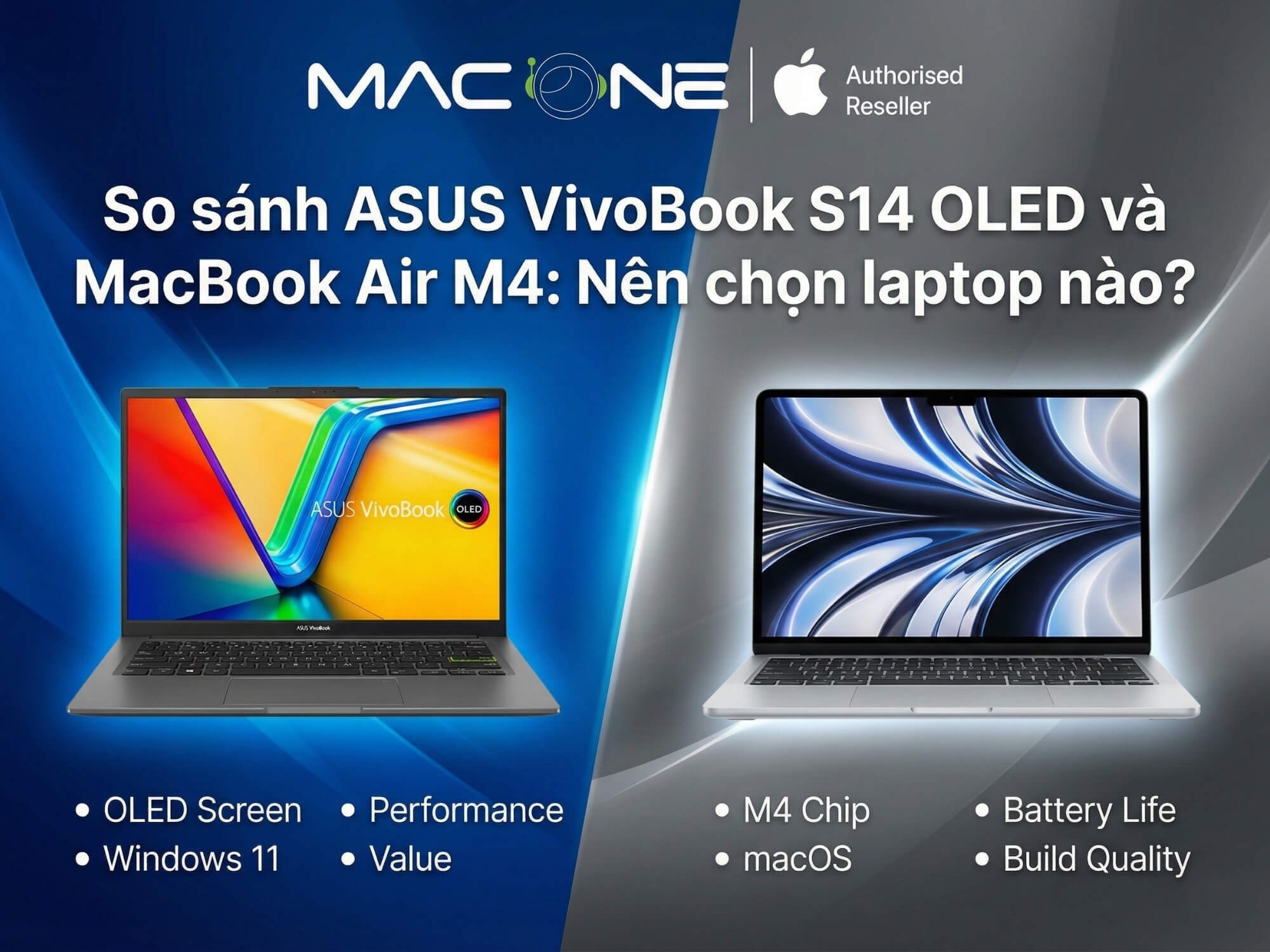 So sánh ASUS VivoBook S14 OLED và MacBook Air M4: Nên chọn laptop nào