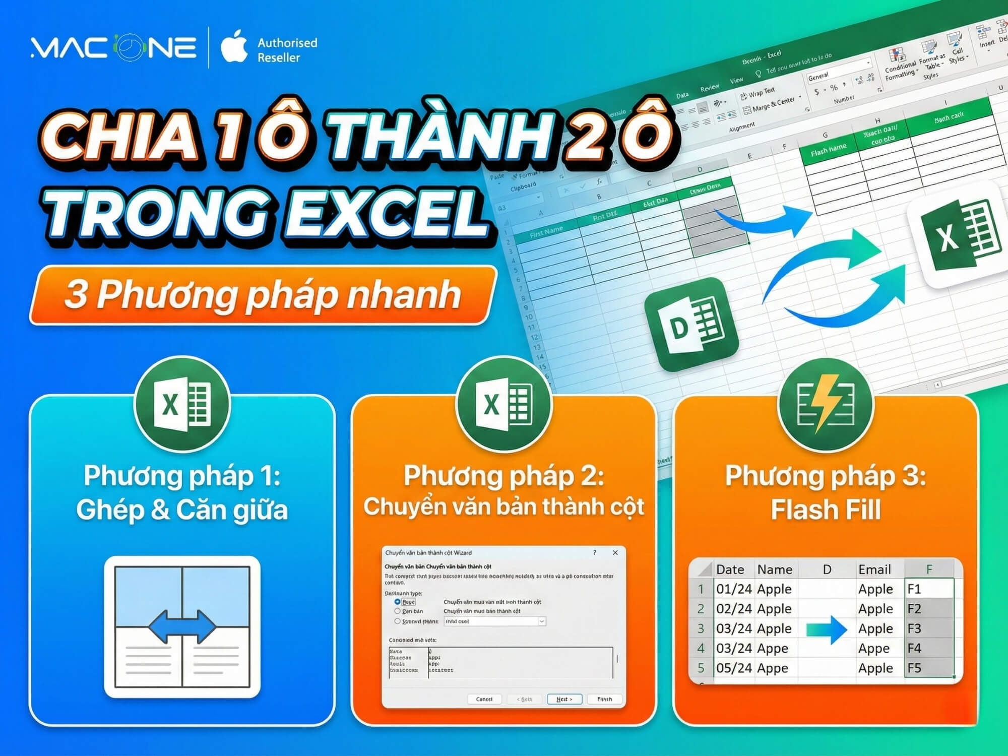 Chia 1 ô thành 2 ô trong Excel - 3 Phương pháp nhanh