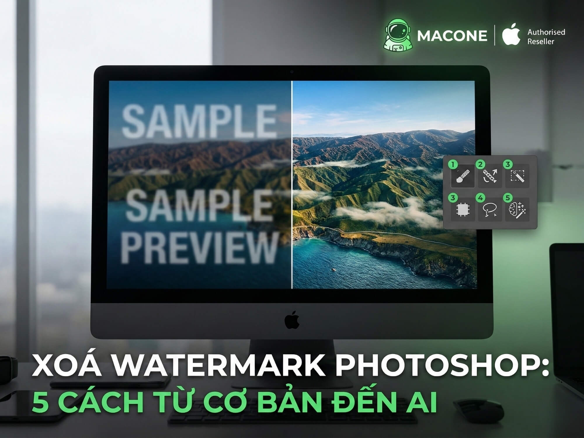 Xoá watermark trong Photoshop: 5 cách từ cơ bản đến AI